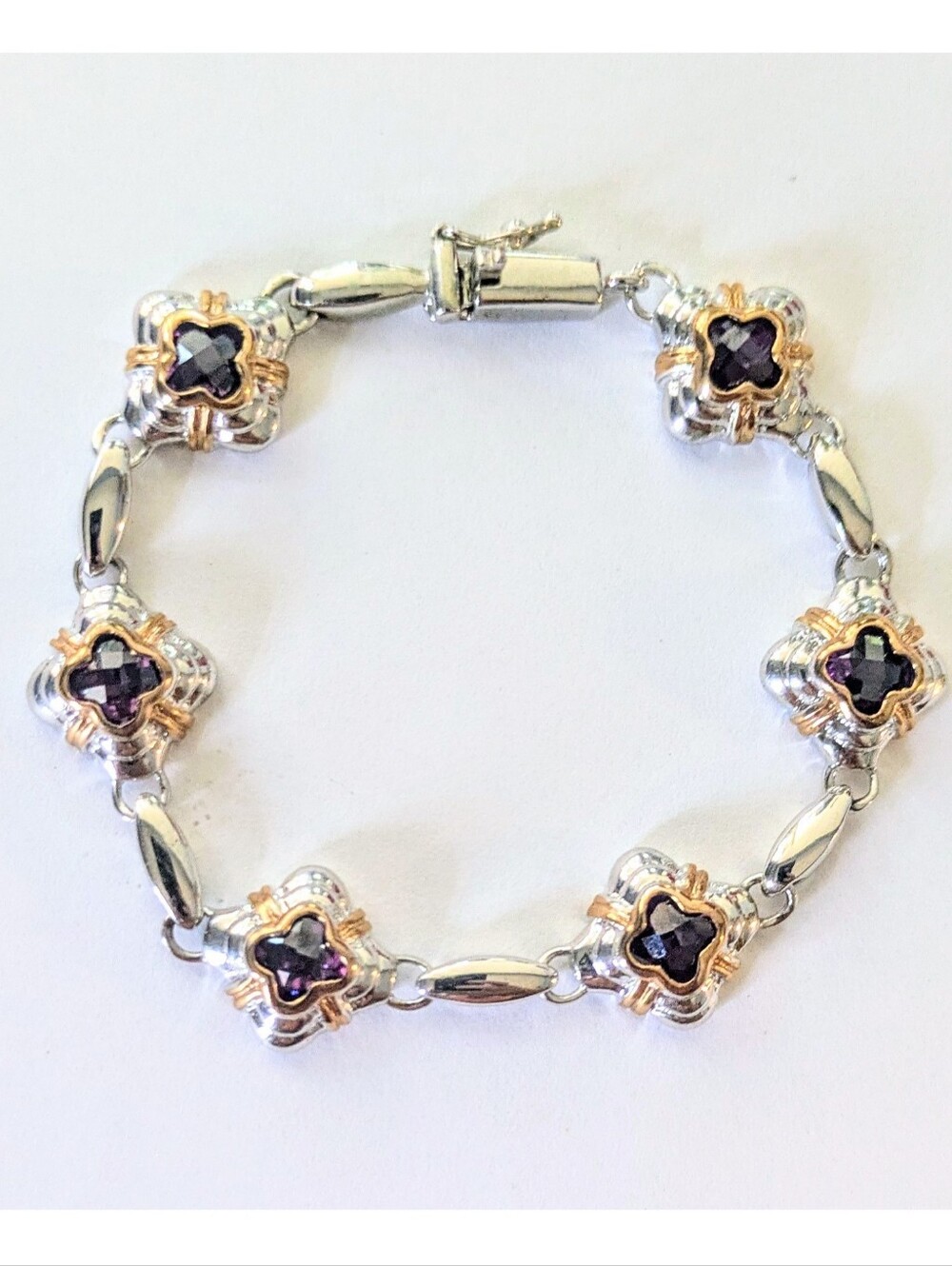 Vintage Silver Plated Gold Accent Purple Crystal Clover Station Link Bracelet 7" - Picture 7 of 9
